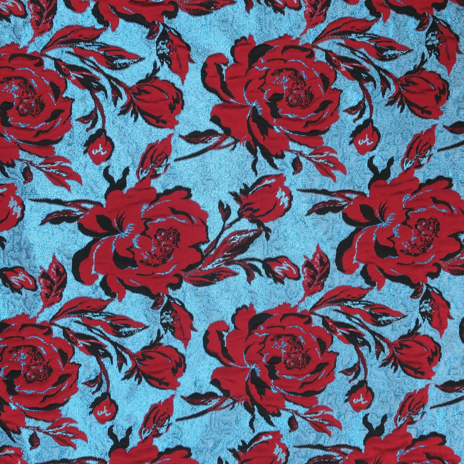 Baby Blue Background and Red Roses Floral Brocade Fabric