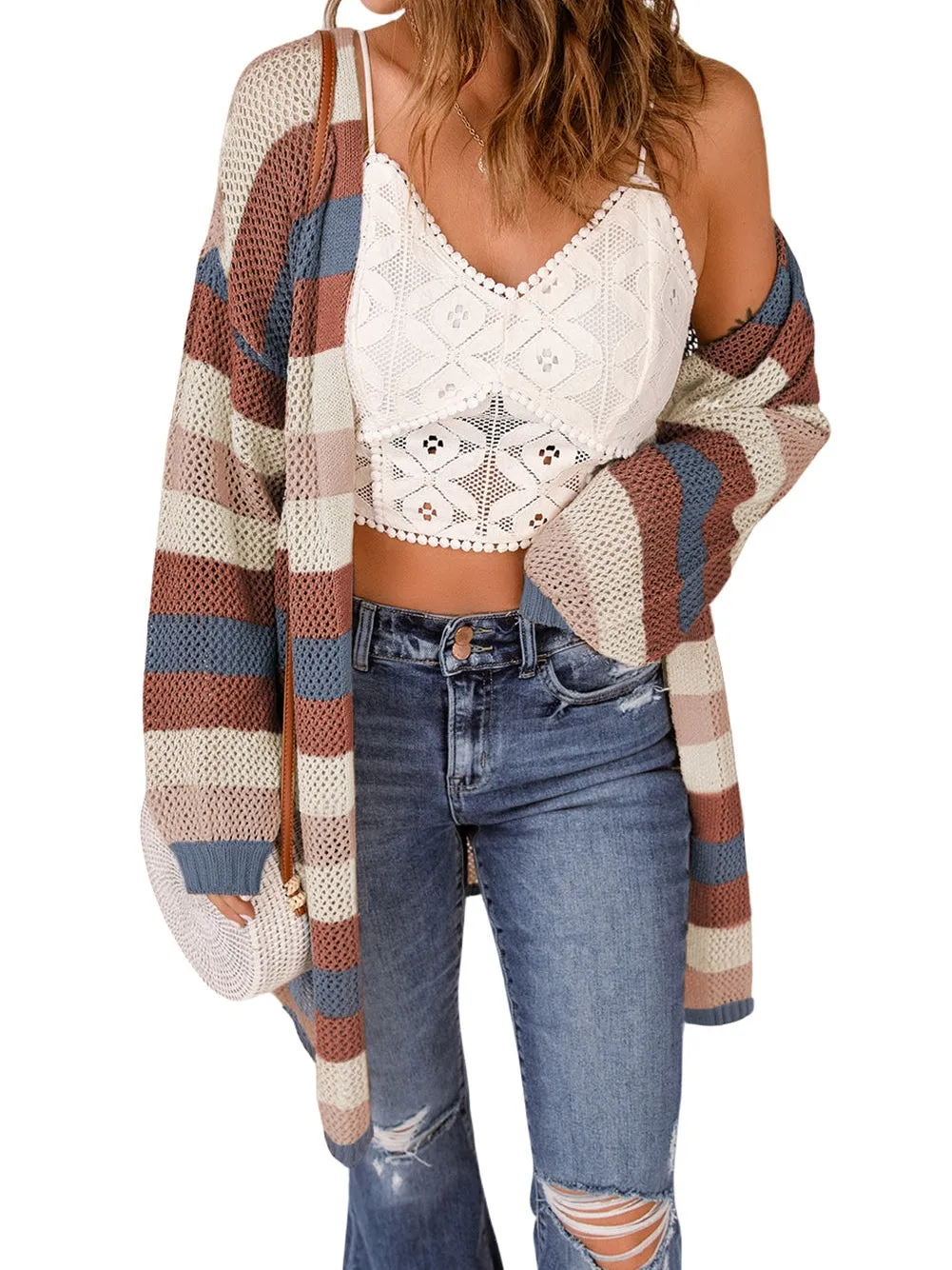 Blue Striped Hollow Knit Cardigan with Color Block Detail