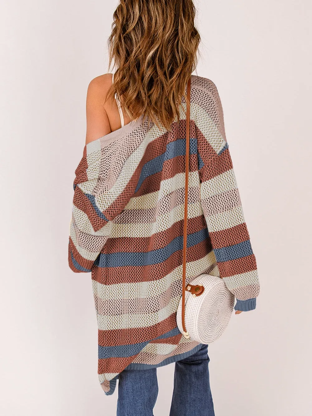 Blue Striped Hollow Knit Cardigan with Color Block Detail