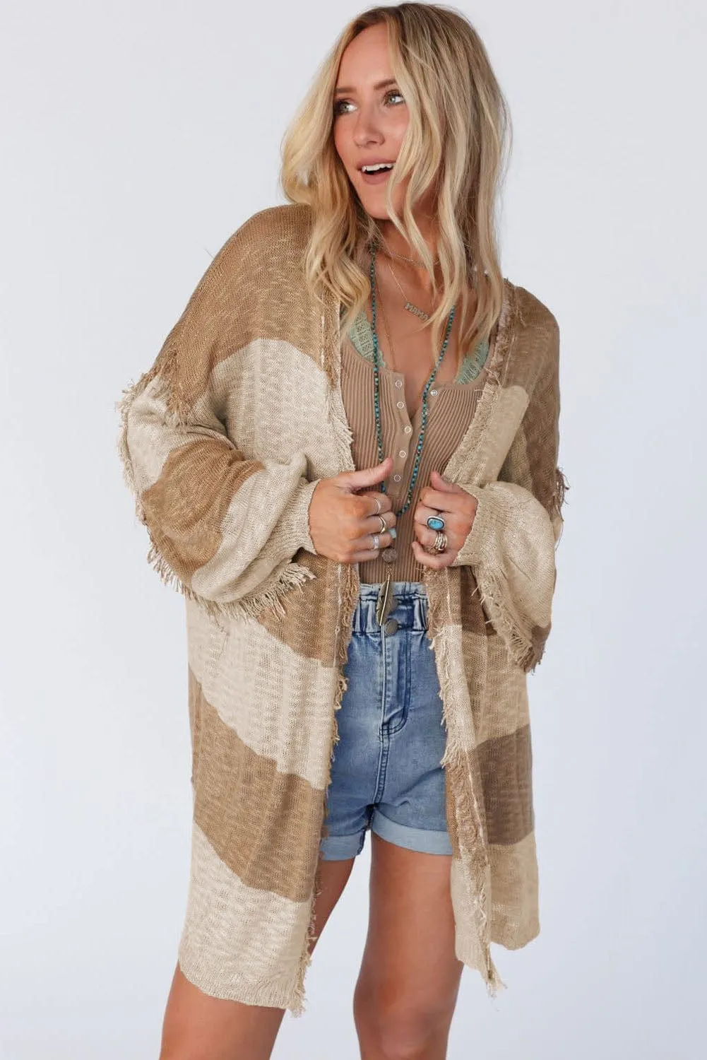 Boho Chic Oversized Striped Cardigan with Fringe