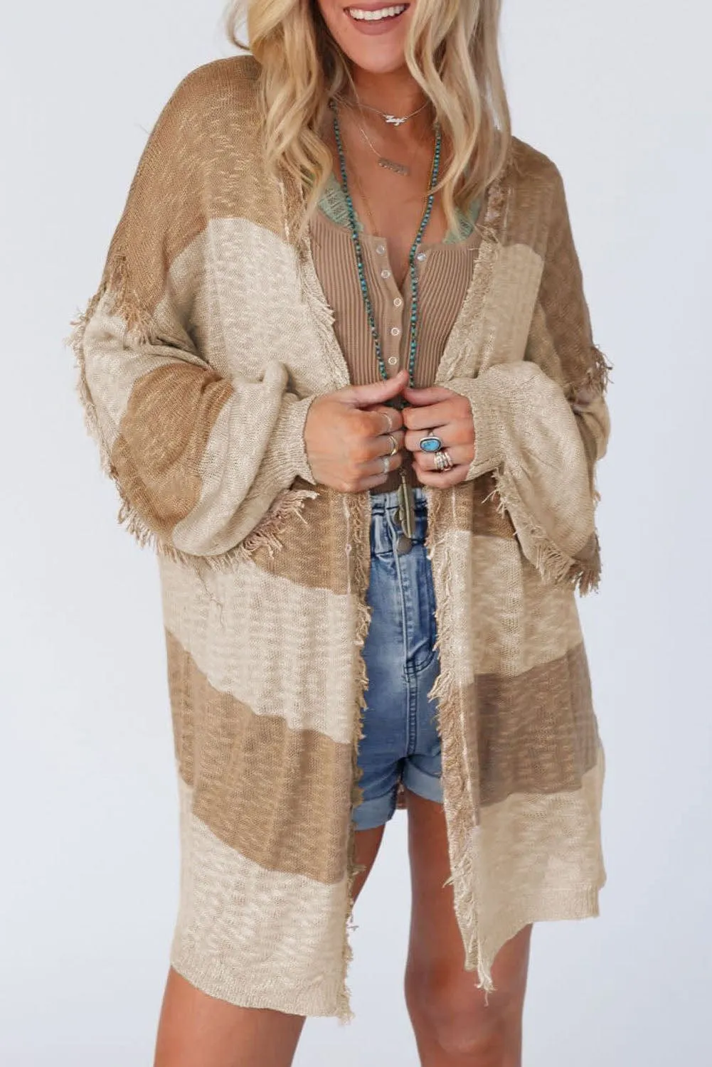 Boho Chic Oversized Striped Cardigan with Fringe