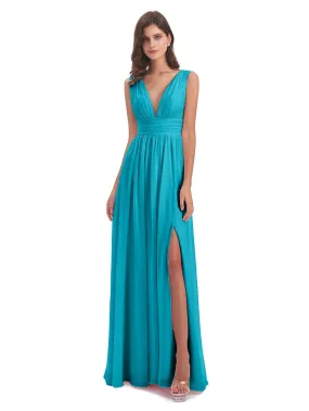 Bridesmaid Dresses Jade Charming Chiffon V Neck Split Long Bridesmaid Dresses