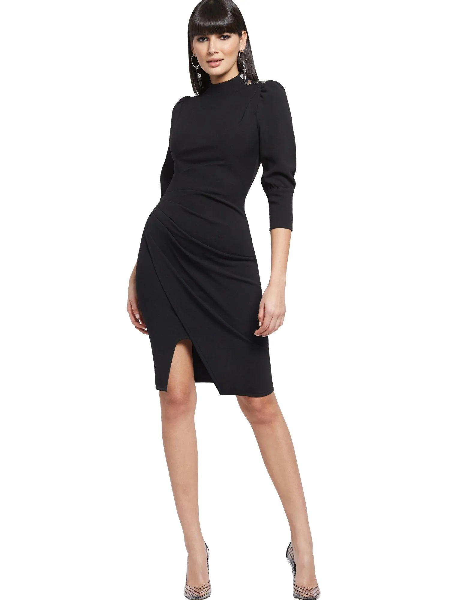 Button-Accent Ruched Sheath Dress