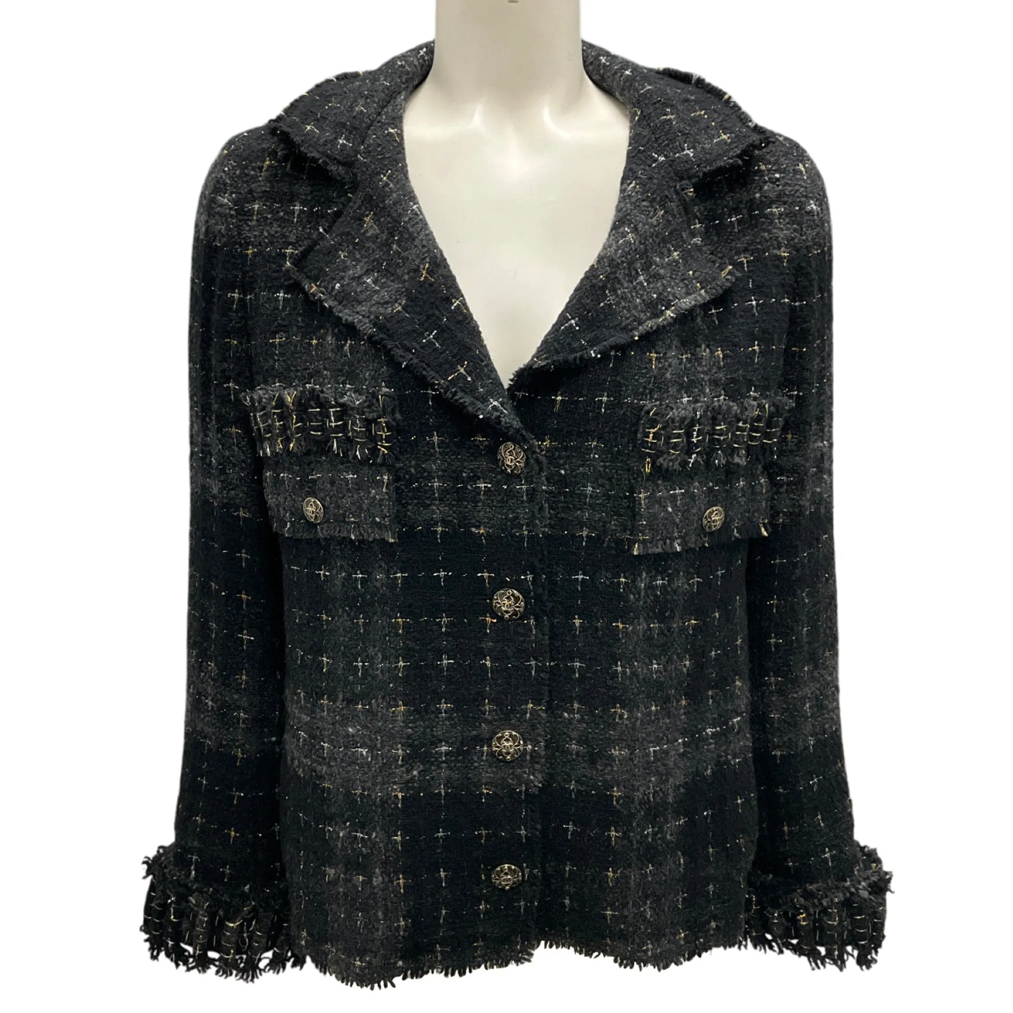 Chanel Black / Charcoal Grey / Silver / Gold Metallic 2008 Wool Tweed Jacket