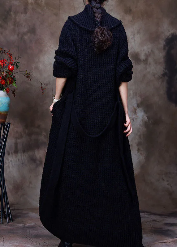 Chic Black PeterPan Collar tie waist Woolen Cardigans Winter