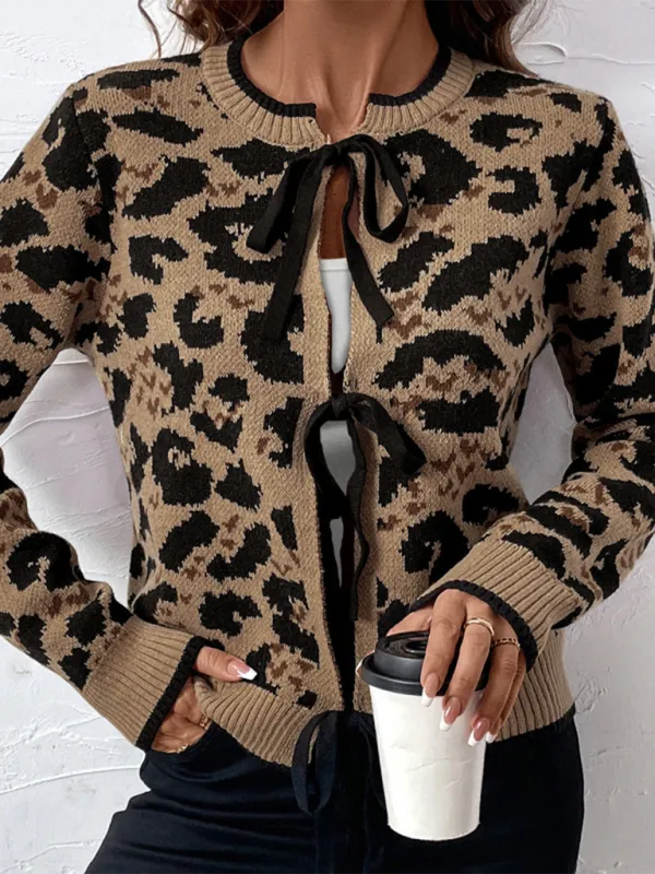 Chic Leopard Print Bow Tie Cardigan