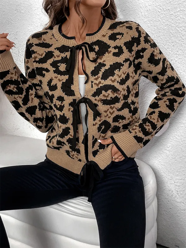 Chic Leopard Print Bow Tie Cardigan