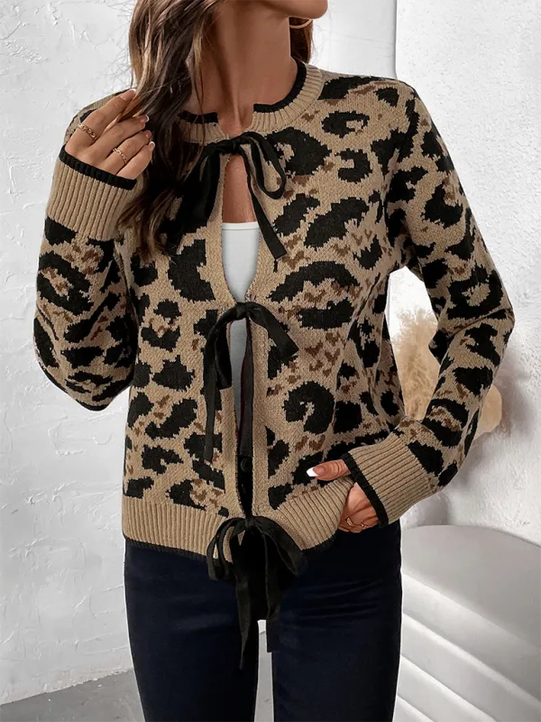 Chic Leopard Print Bow Tie Cardigan