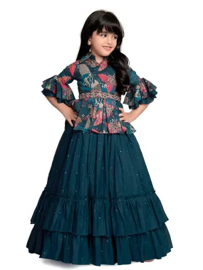 Collar Style Gown For Girls / Ethnic Gowns Online / Blue Coloured Floral Dress For Girls