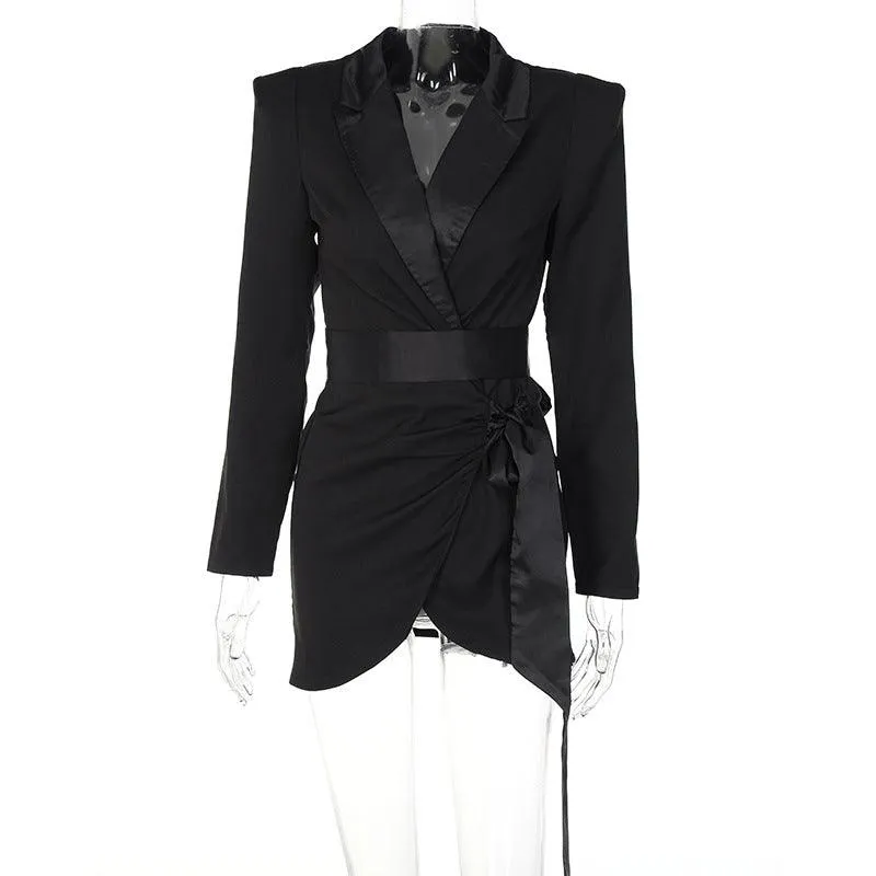 Deep V suit collar long sleeve tie dress