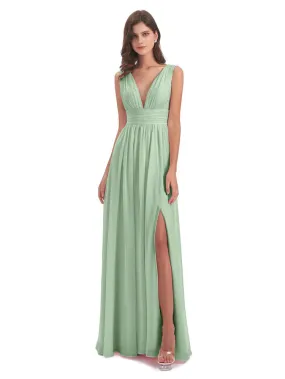 Dusty Sage Green Bridesmaid Dresses Uk Charming Chiffon V Neck Split Long Bridesmaid Dresses