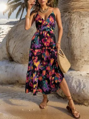 Elegant Floral Backless A-line Dress with Sophisticated Slit Detail