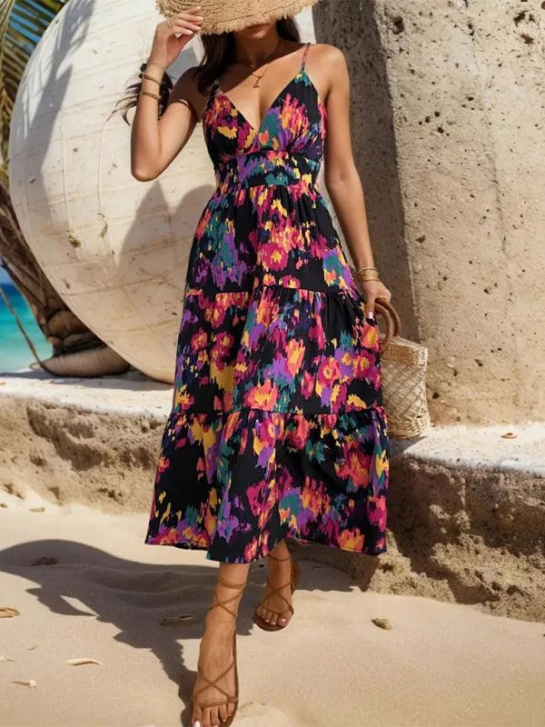 Elegant Floral Backless A-line Dress with Sophisticated Slit Detail