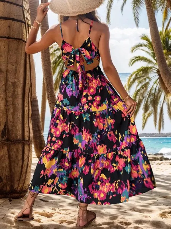 Elegant Floral Backless A-line Dress with Sophisticated Slit Detail