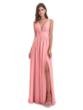 Flamingo Bridesmaid Dress Charming Chiffon V Neck Split Long Bridesmaid Dresses