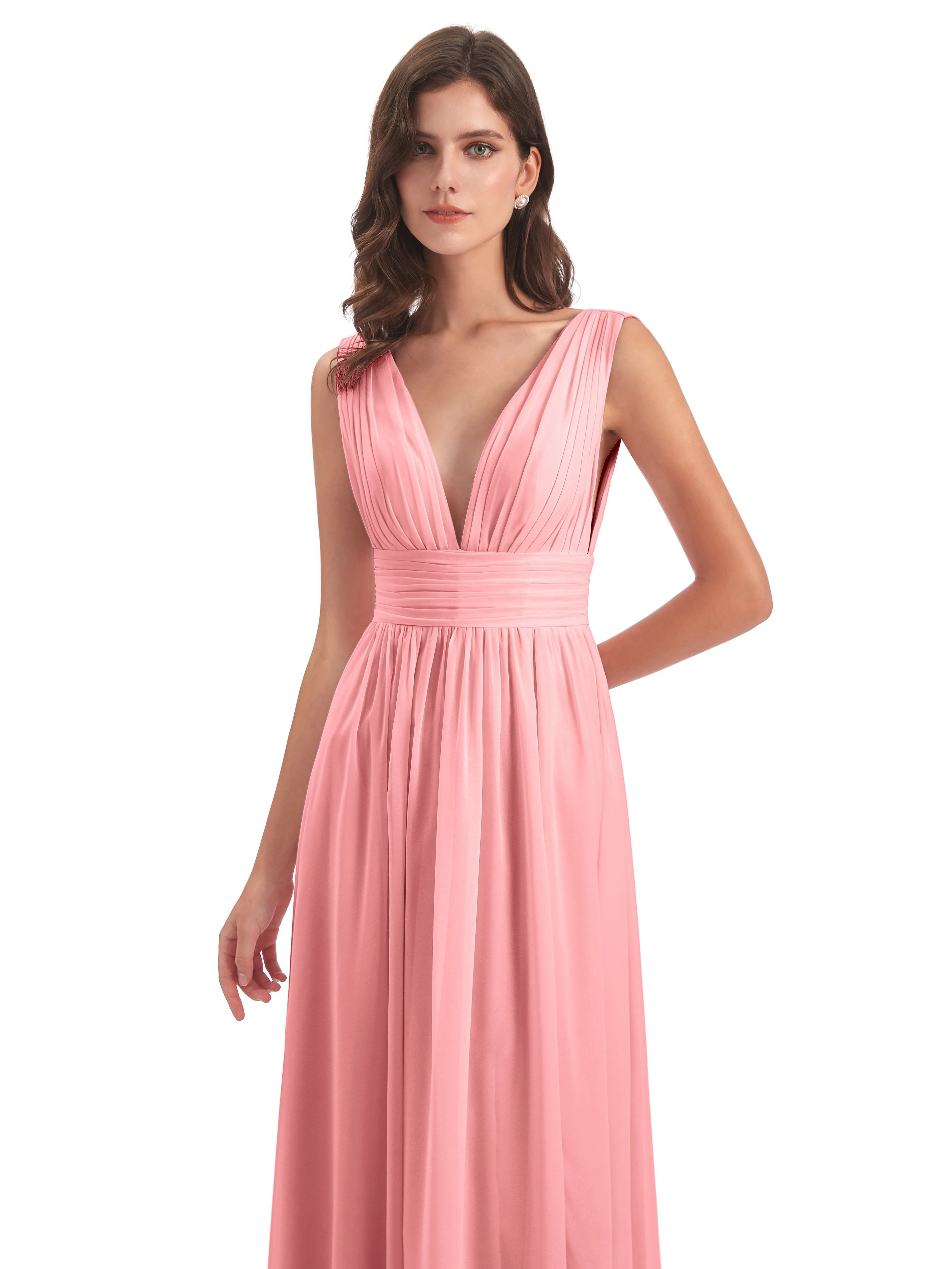 Flamingo Bridesmaid Dress Charming Chiffon V Neck Split Long Bridesmaid Dresses