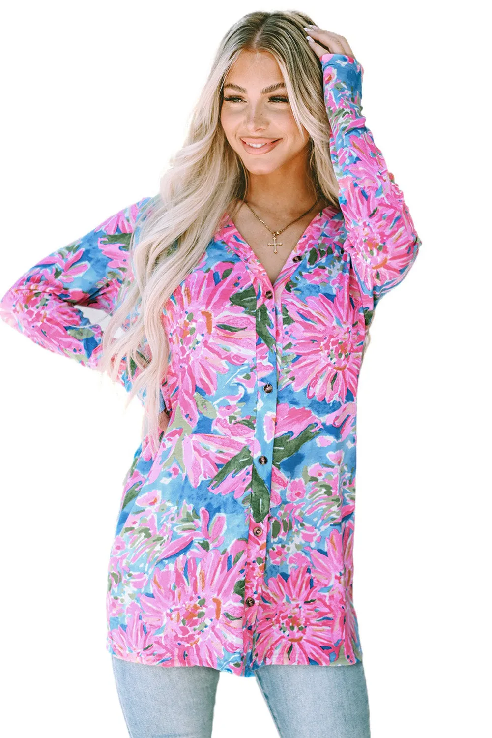 Flower Long Sleeve Button Up Cardigan