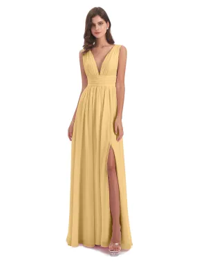 Gold Bridesmaids Dress Charming Chiffon V Neck Split Long Bridesmaid Dresses