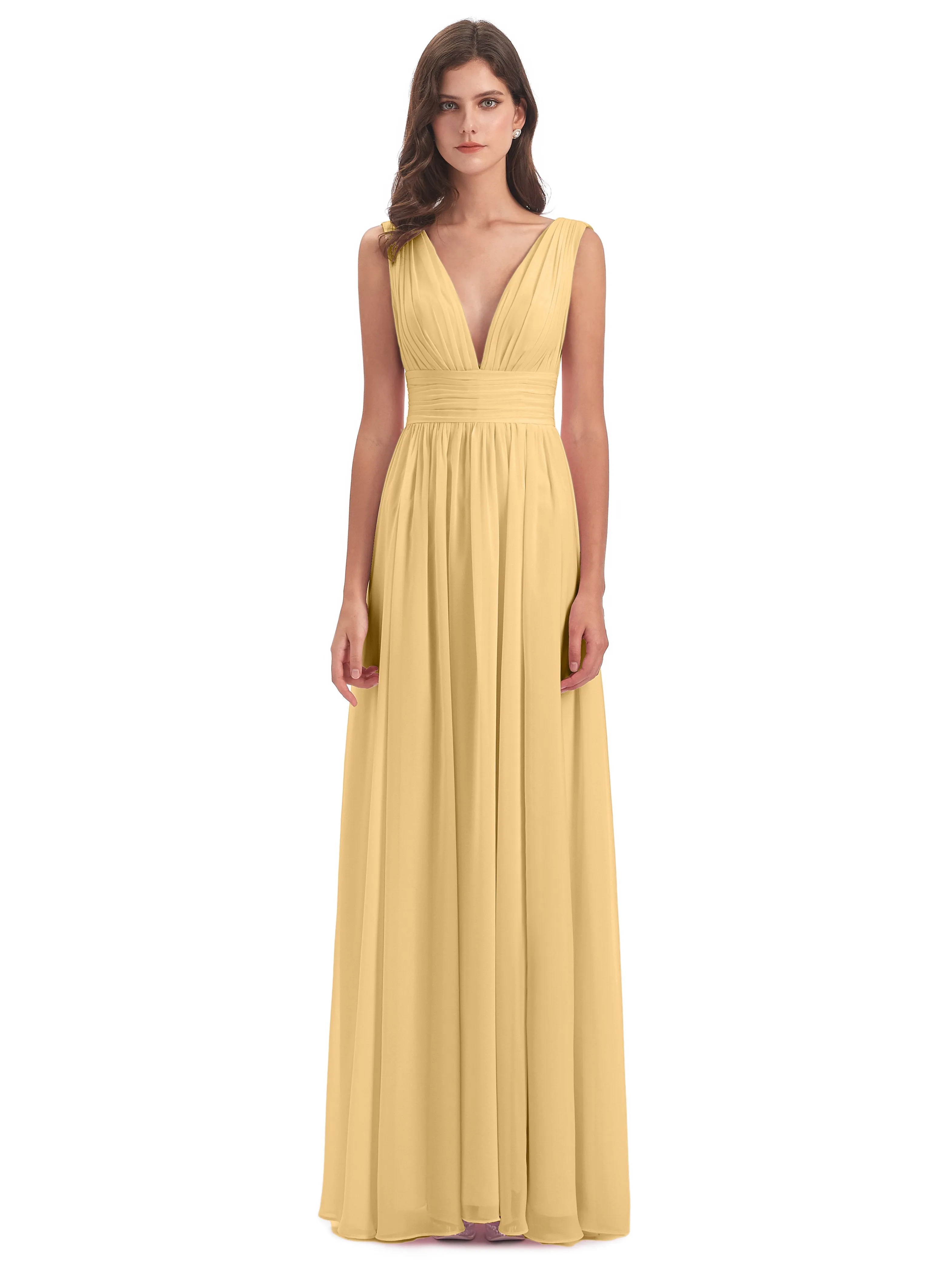 Gold Bridesmaids Dress Charming Chiffon V Neck Split Long Bridesmaid Dresses