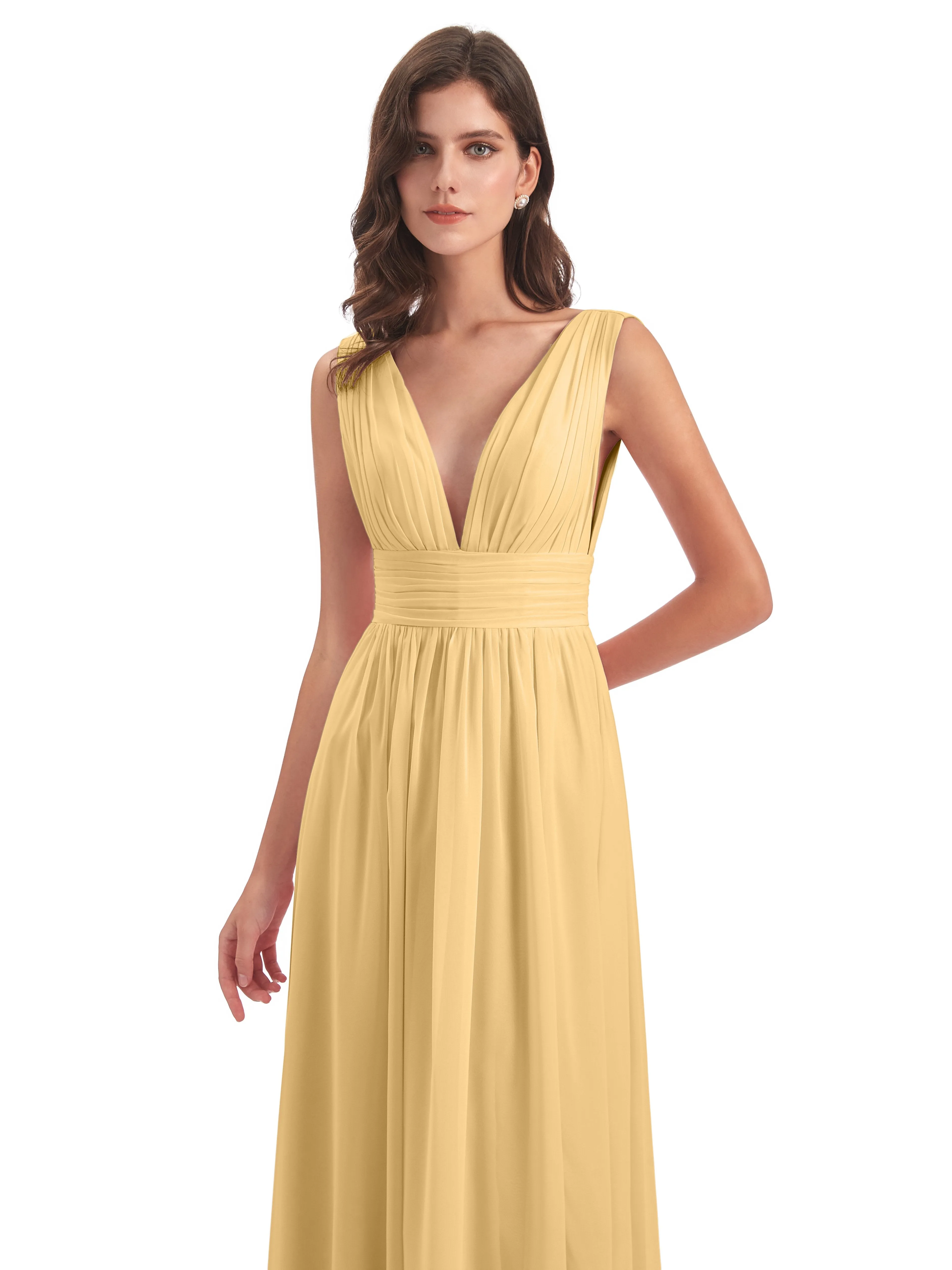 Gold Bridesmaids Dress Charming Chiffon V Neck Split Long Bridesmaid Dresses