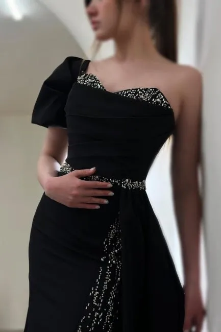 Gorgeous Column Satin One Shoulder Sleeveless Prom Dresses With Sequined Split