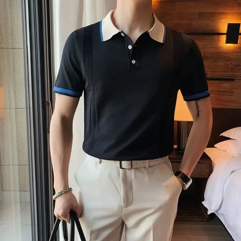 Hnzxzm Korean Trendy Lapel High-end Fashion Simple Knit Polo Shirt Men's Panelled Patchwork Button Loose Versatile Short Sleeved Tops