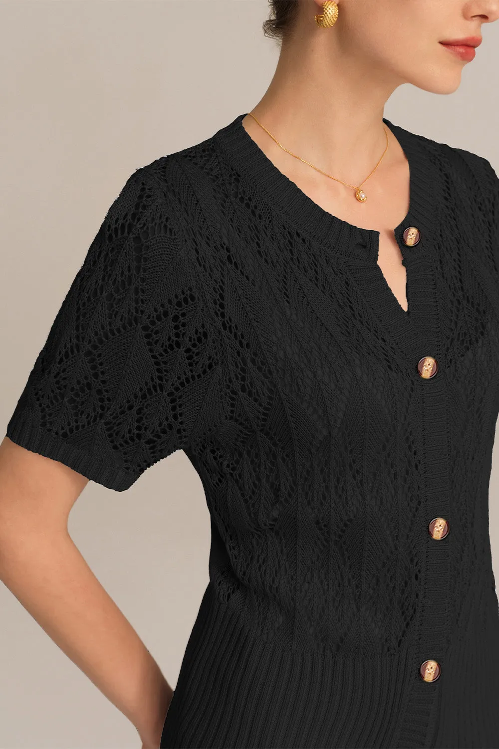 Hollowed-out Short Sleeve Crew Neck Button-up knitted Cardigan - Black