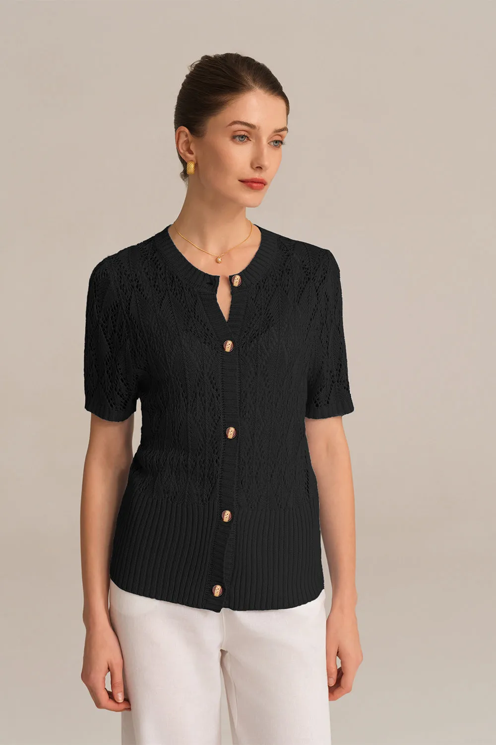 Hollowed-out Short Sleeve Crew Neck Button-up knitted Cardigan - Black