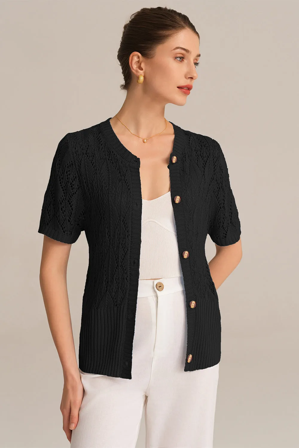 Hollowed-out Short Sleeve Crew Neck Button-up knitted Cardigan - Black