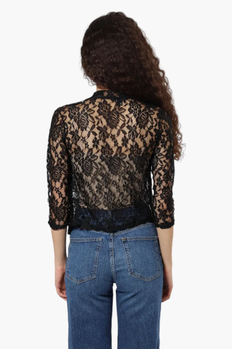 Impress Floral Lace 3/4 Sleeve Wrap Cardigan - Black