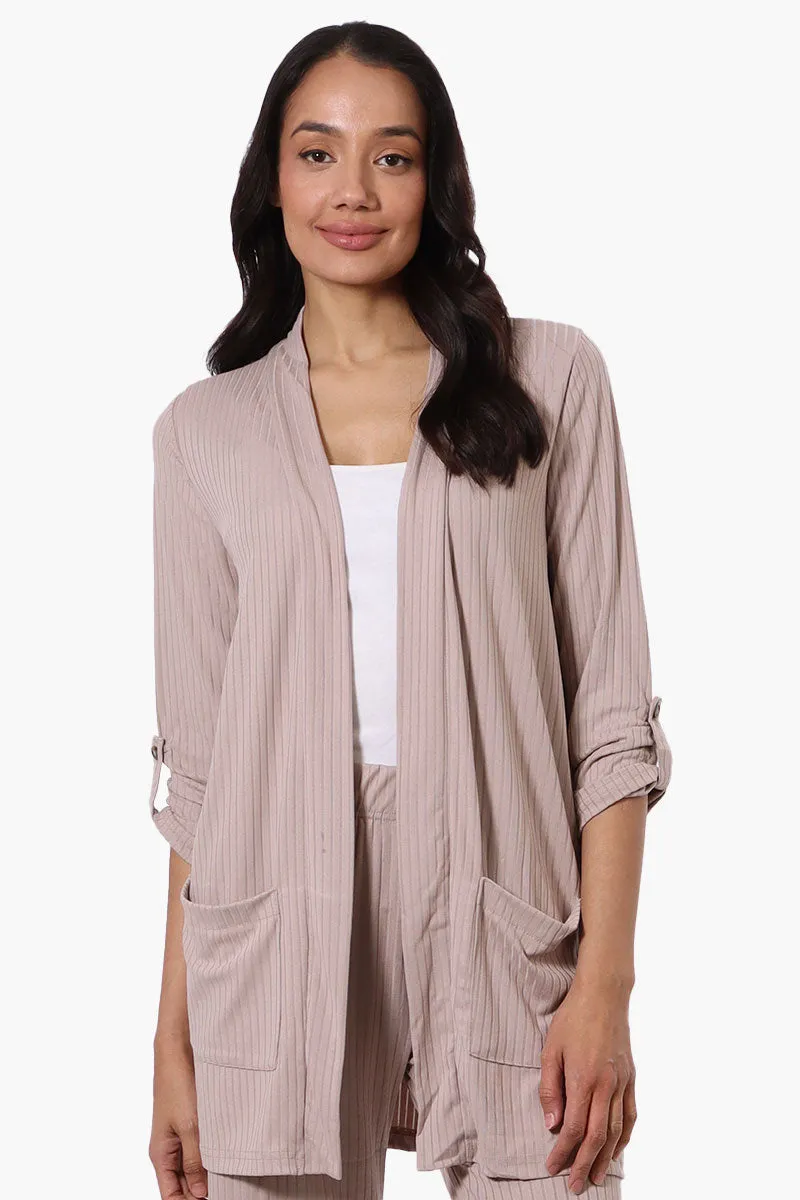 Majora Ribbed Roll Up Sleeve Wrap Cardigan - Beige