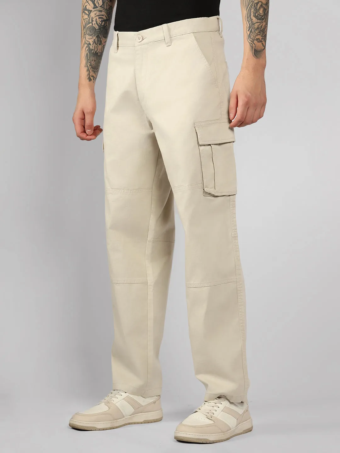 Men's Beige Solid Relaxed Fit Cargos