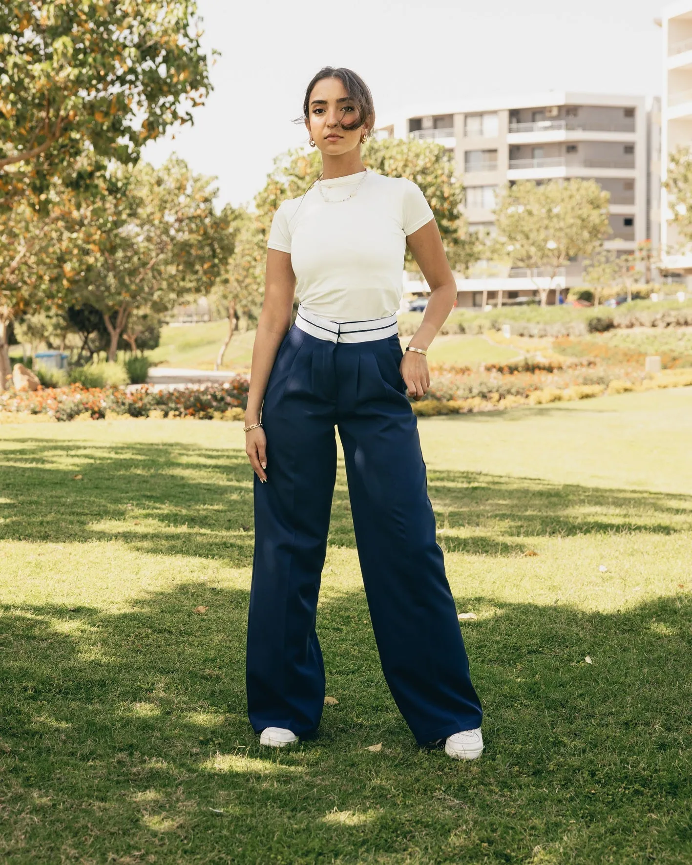 PANTS WITH TURN-DOWN WAIST NAVY BLUE