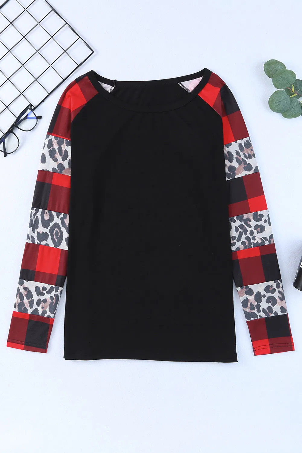 Plaid Leopard Print Long Sleeve Top