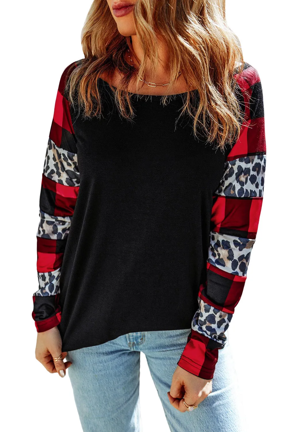 Plaid Leopard Print Long Sleeve Top