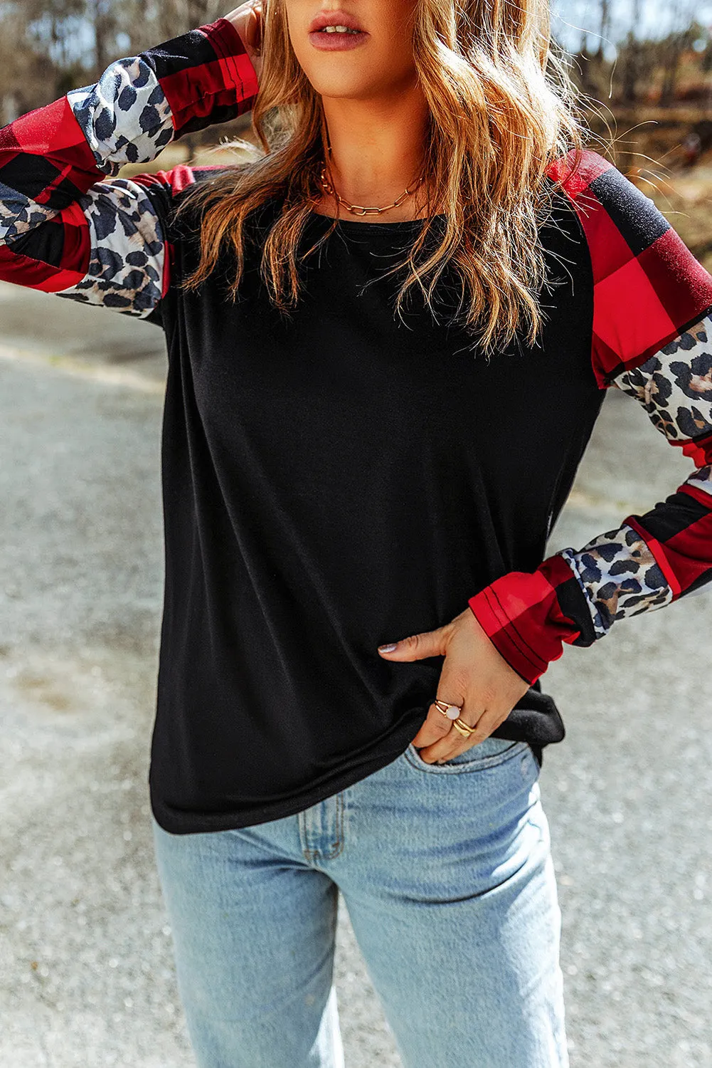 Plaid Leopard Print Long Sleeve Top