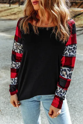 Plaid Leopard Print Long Sleeve Top