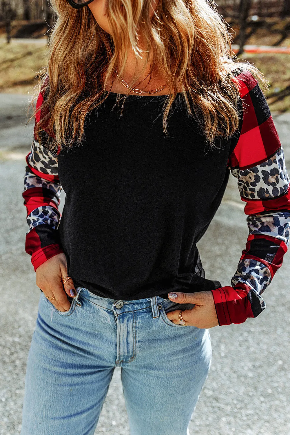 Plaid Leopard Print Long Sleeve Top