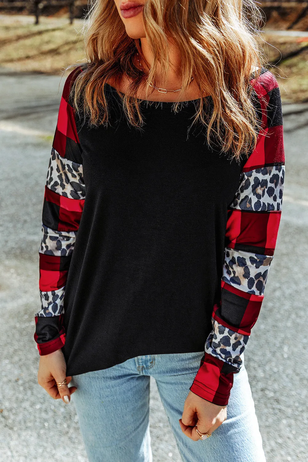 Plaid Leopard Print Long Sleeve Top