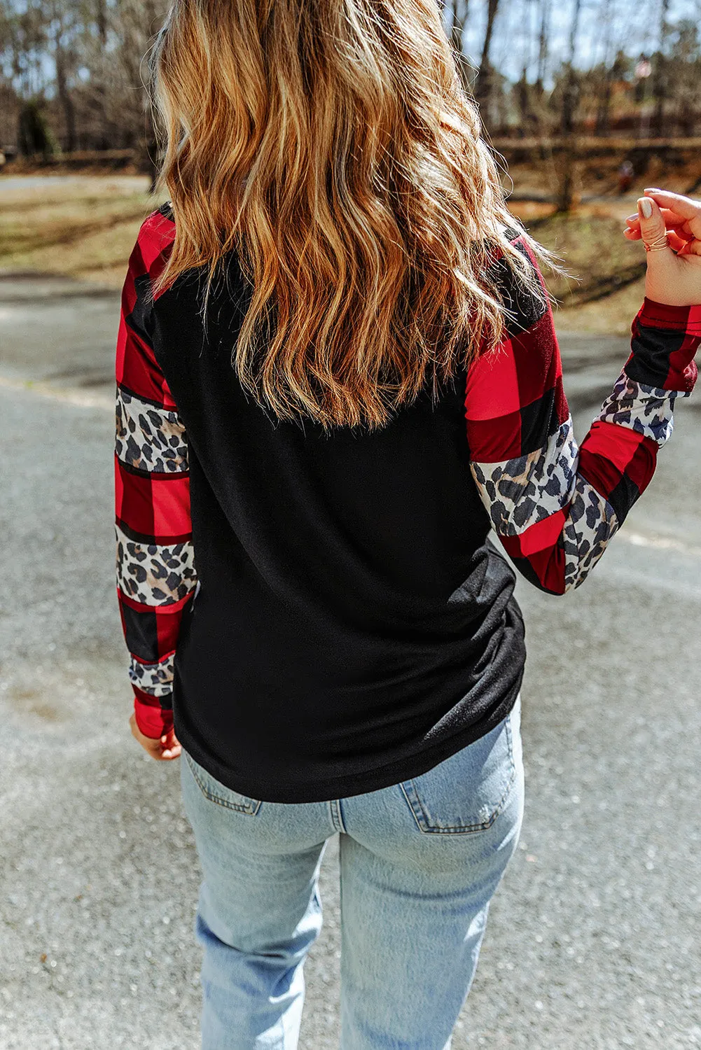 Plaid Leopard Print Long Sleeve Top