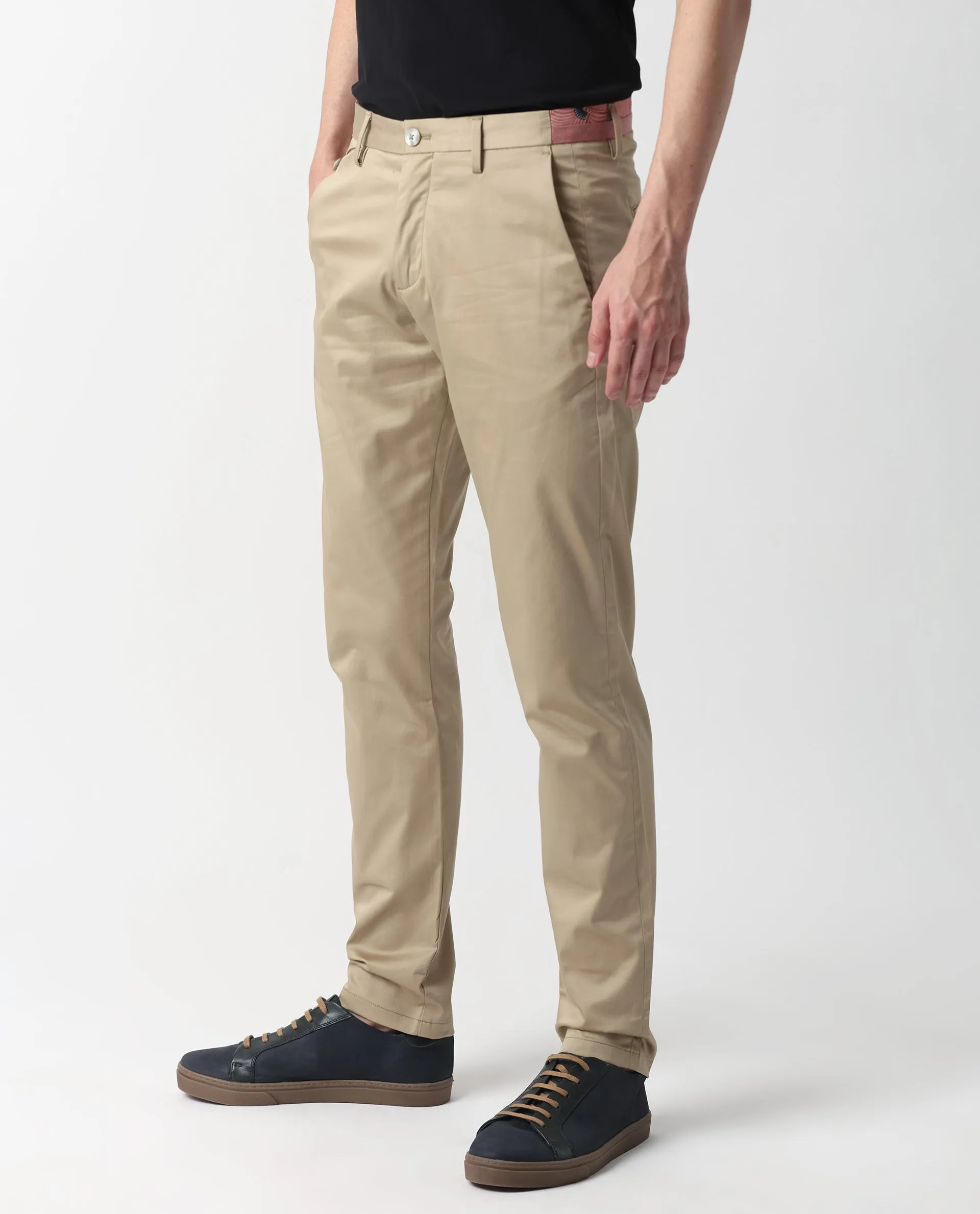 Rare Rabbit Men's Daron Beige Solid Mid-Rise Regular Fit Stretch Trousers