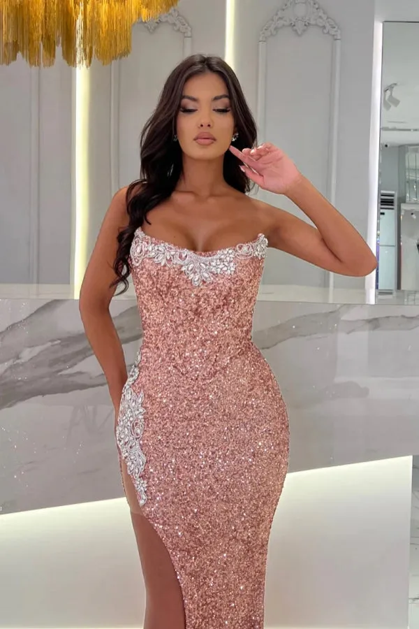 Sexy Long Dusty Rose Strapless Sequined Lace Prom Dress with Slit