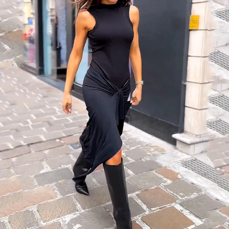 sleeveless black tight pleated dress