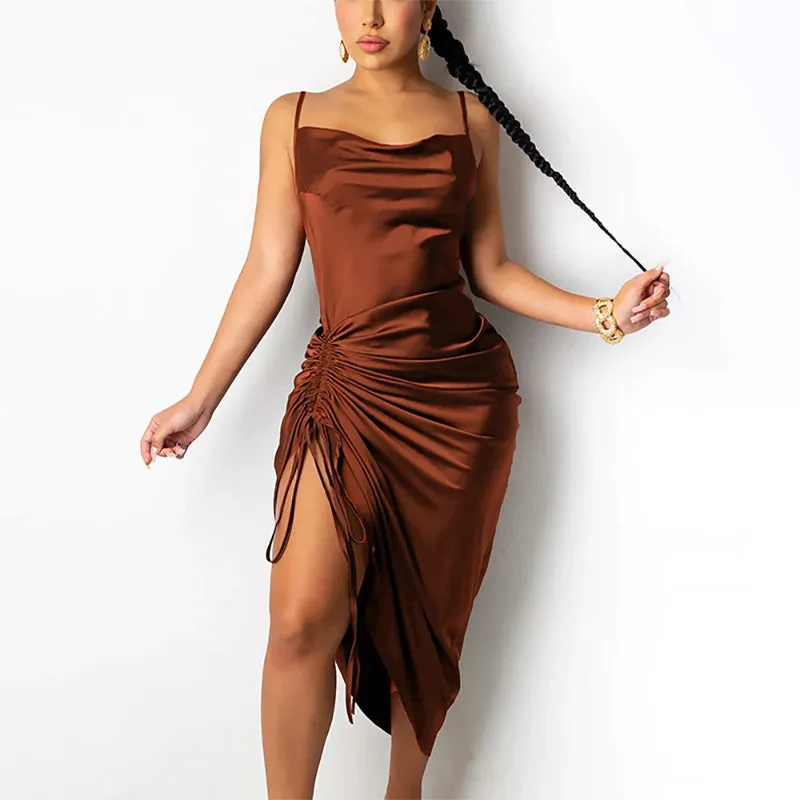 Sophisticated Adjustable Spaghetti Straps Ruched Side Long Dresses