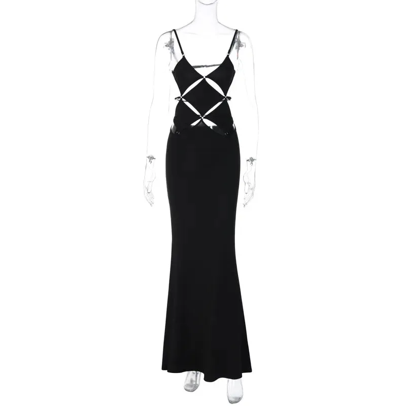 Sophisticated Elegant Black Hollow Out Backless Bodycon Maxi Dress