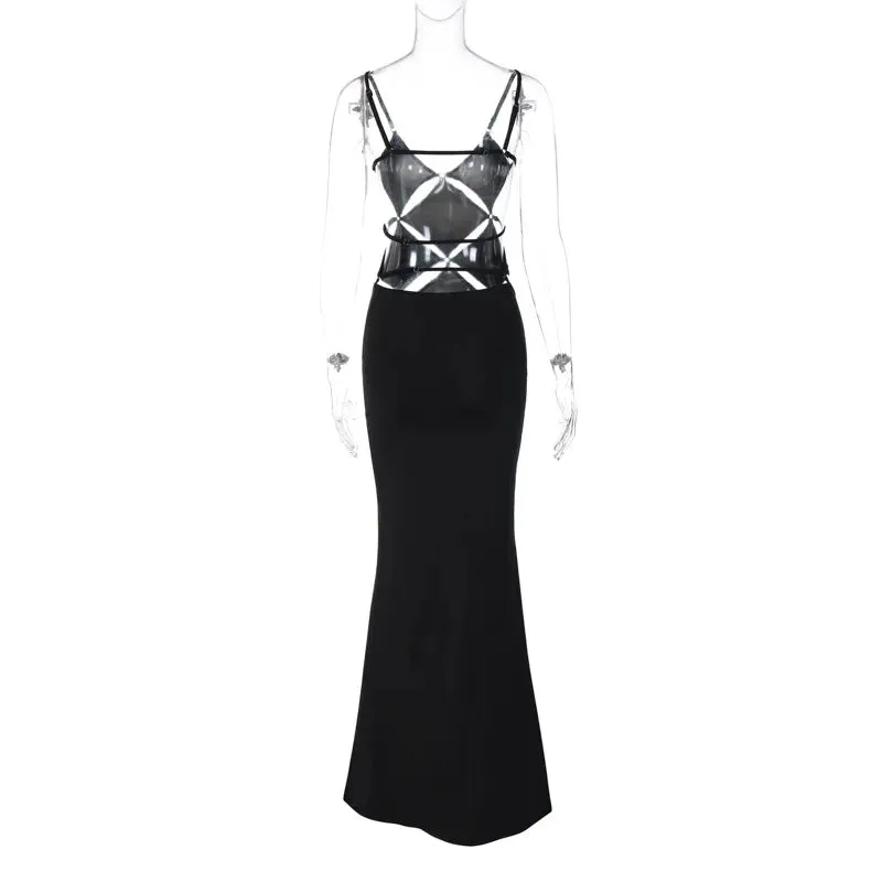 Sophisticated Elegant Black Hollow Out Backless Bodycon Maxi Dress