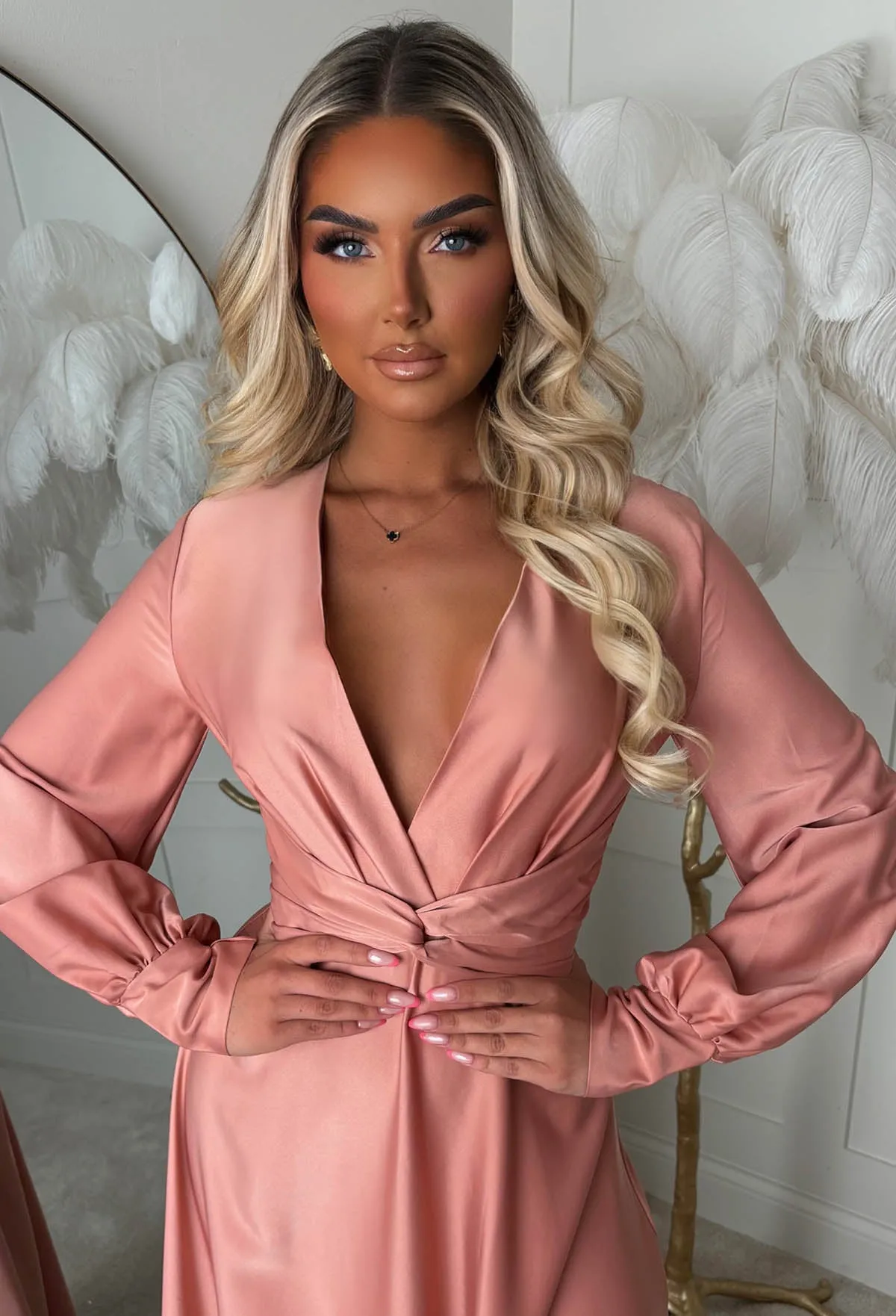 Sophisticated Illusion Pink Plunge Front Split Maxi Dress