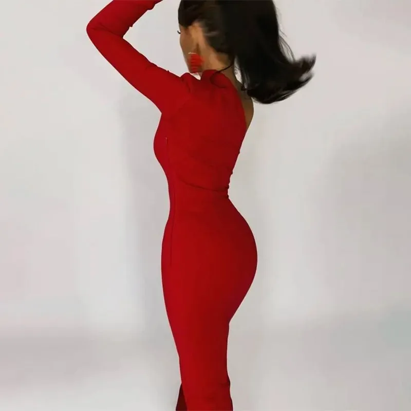 Sophisticated One Shoulder Split Thigh Bodycon Maxi Dress