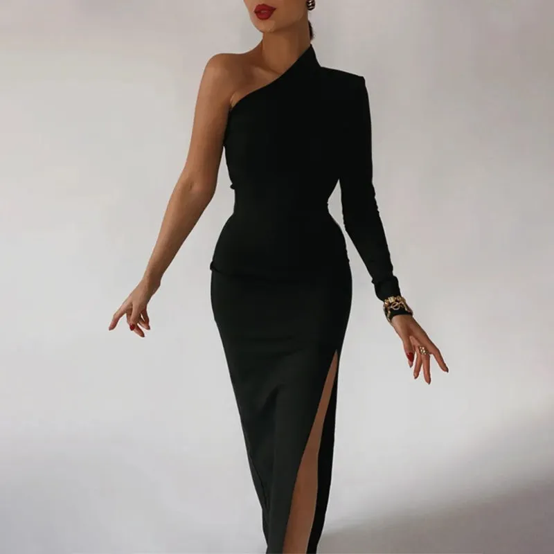 Sophisticated One Shoulder Split Thigh Bodycon Maxi Dress