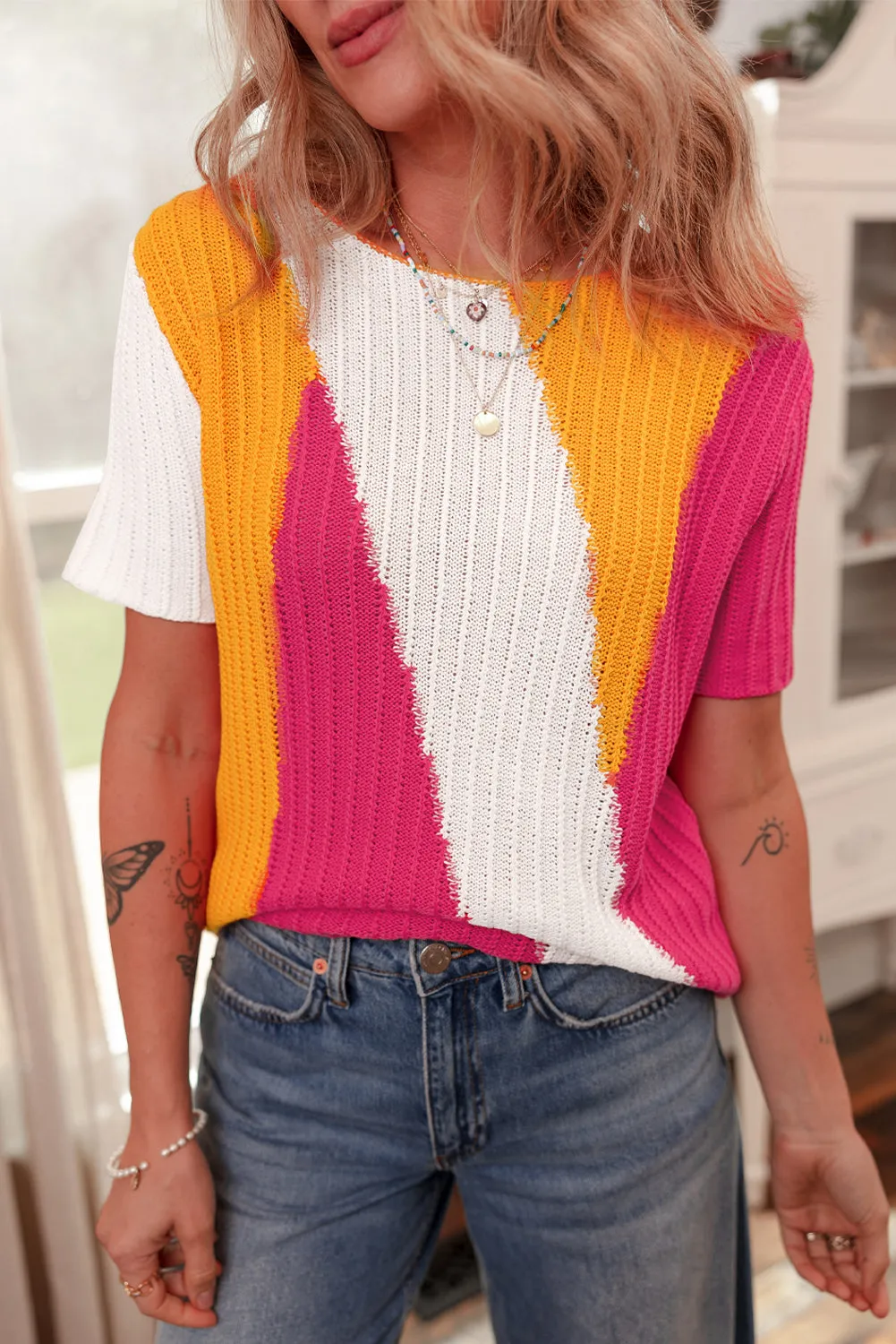 Textured Knit Colorblock Short Sleeve Sweater